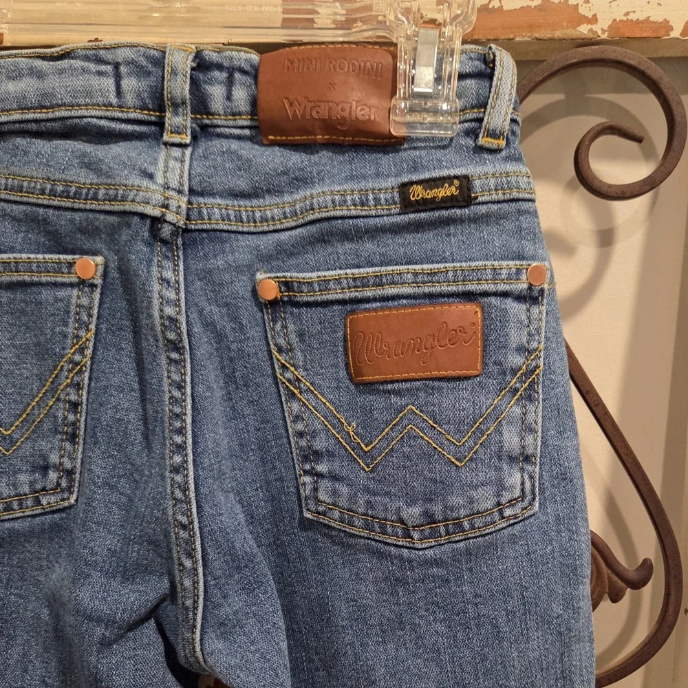 Mini Rodini x Wrangler Girls Bootcut Jeans Dove Print Denim Size 9-11Y